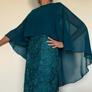 Fitted Jade green lace short cocktail MOB gown with chiffon overlay and sequins